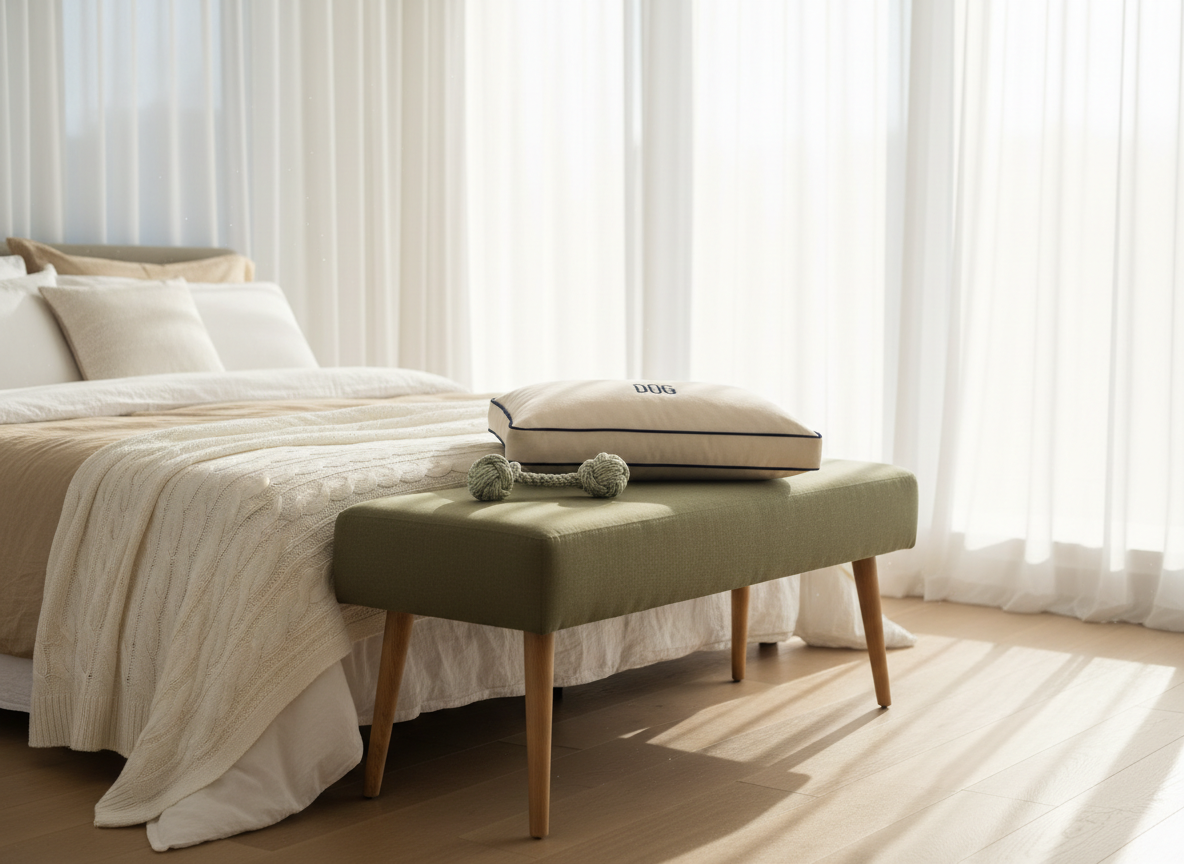 A dreamy, sun-drenched bedroom foot-of-the-bed dog zone, showcasing a tailored olive linen bench with tapered wood legs in a light oak finish. On the bench rests a rectangular dog cushion in cream performance fabric with contrast piping and a small embroidered monogram. A coordinating woven rope toy in soft sage and ivory lies casually nearby. The bed behind is dressed in layered white and sand-colored linens, with a chunky knit throw cascading to the floor. Tall windows draped in airy sheer curtains flood the room with soft morning light, creating gentle shadows and a tranquil atmosphere. Photographic realism, captured at a slightly low angle with a shallow depth of field, highlighting the luxurious yet relaxed, dog-inclusive bedroom styling.