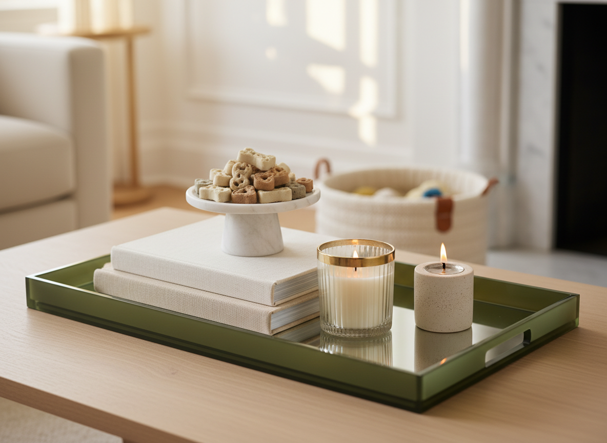 A refined coffee table styling scene centered on a glossy olive lacquer tray placed atop a pale oak Parsons-style coffee table. Inside the tray, a stack of linen-bound design books supports a small marble pedestal dish overflowing with gourmet dog treats shaped like tiny bones and hearts in muted neutrals. Beside it, a ribbed glass candle with a brass lid and a minimal ceramic match striker add warmth. In the background, a low, designer-approved dog toy basket in boucle and leather trim sits discreetly by a fireplace with a marble surround. Soft late-afternoon light enters from the side, creating delicate highlights and a subtle bokeh effect. Photographic realism with a sophisticated, editorial composition, emphasizing effortless integration of dog accessories into elevated living room decor.