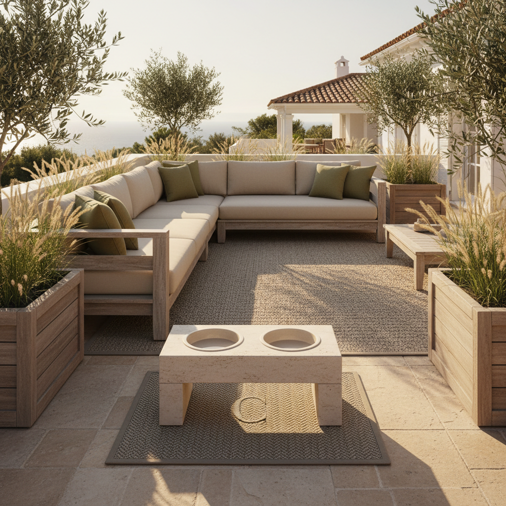 A chic outdoor terrace designed for a stylish dog-friendly lifestyle, featuring a low, modern sectional in weathered teak with plush sand-colored cushions and olive accent pillows. At the forefront, an elevated stone dog bowl stand in honed limestone holds matching minimalist bowls, with a monogrammed outdoor dog mat beneath in a subtle herringbone pattern. Planter boxes overflowing with silvery-green olive trees and soft grasses frame the space. Warm golden hour sunlight washes across the scene, catching the textured weave of an outdoor rug and casting elongated shadows. Photographic realism, shot at a wide angle with sharp focus, conveying an effortlessly glamorous, Mediterranean-inspired atmosphere where luxurious entertaining and pampered dogs naturally coexist.
