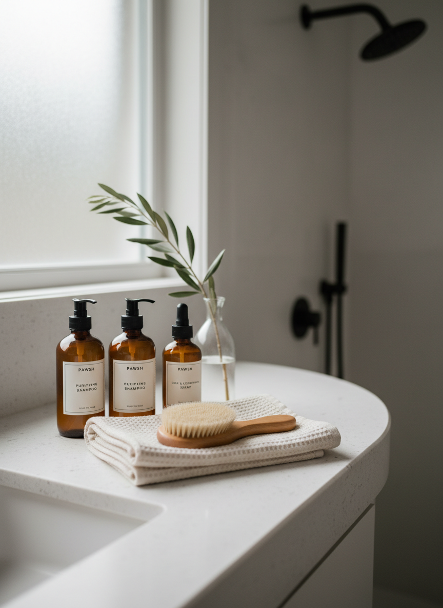A luxurious dog grooming vignette set on a white stone bathroom vanity with rounded edges, featuring an array of high-end grooming essentials arranged with editorial precision. A matte black rainfall showerhead is softly blurred in the background, while in the foreground, amber glass bottles with minimalist cream labels hold shampoos and coat sprays. A folded waffle-weave ivory towel is topped with a natural boar-bristle brush with a polished wood handle. A slender glass vase holds a single olive branch for a subtle pop of color. Diffused overcast light from a nearby frosted window bathes the scene, creating a spa-like softness. Photographic realism, shot from a slightly elevated angle with gentle shadows and a calm, curated mood that feels like a luxury skincare flatlay reimagined for dogs.