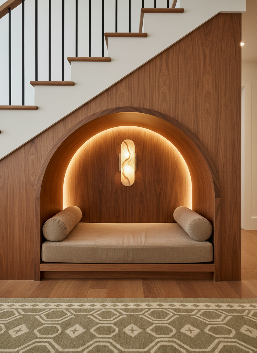 An opulent dog lounge nook tucked beneath a staircase in a high-end home, featuring a custom built-in dog house with arched entry, paneled in warm walnut and lined with a plush taupe chenille cushion and matching bolsters. A sculptural alabaster sconce casts a warm ambient glow over the space, complementing recessed LED strip lighting hidden along the arch. On the floor, a hand-knotted wool rug in a subtle olive and cream geometric pattern softens the look. The surrounding staircase showcases sleek black metal balusters and a smooth oak handrail. Photographic realism, captured at dog-eye level with a moderate depth of field, creating an intimate, cocoon-like atmosphere that feels both architectural and indulgently cozy for a spoiled dog.