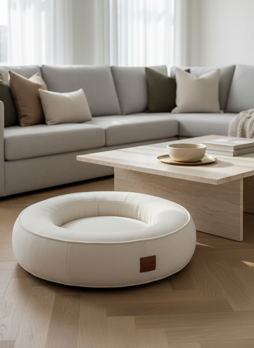 A meticulously styled living room corner in a luxury dog-friendly home, featuring a plush cream boucle dog bed with piped edges and a subtle leather logo tag, placed beside an elegant low-profile travertine coffee table. A sculptural ceramic dog bowl in matte sand sits neatly on a slim brass tray. In the background, a pale dove-gray sectional sofa is adorned with textured linen and cashmere throw pillows in muted taupe and olive tones. Soft morning sunlight filters through sheer white curtains, casting gentle shadows on the light oak herringbone floor. Photographic realism, shot at eye level with a shallow depth of field, creating a calm, sophisticated atmosphere that feels curated yet warmly inviting for a pampered dog.